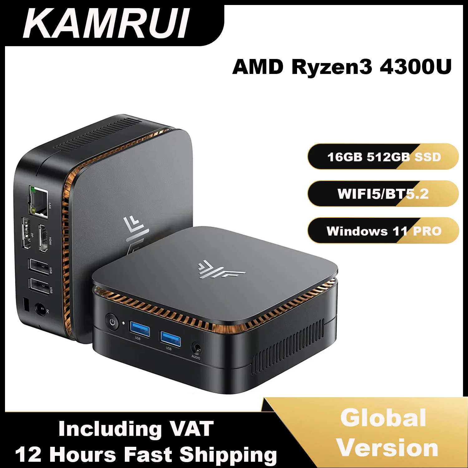 KAMRUI MINI PC R3 4300U 16GB LPDDR4 512GB SSD Mini Desktop Computer Win11pro WIFI5 2.5GLAN 4K Display for Office Business Gamer