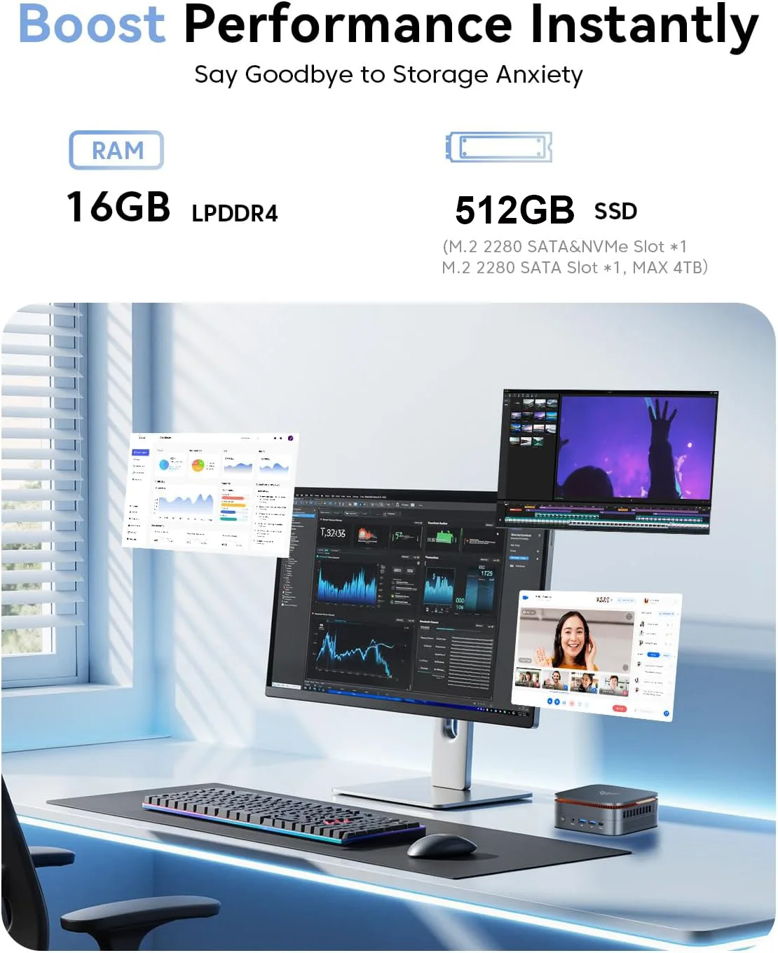 KAMRUI MINI PC R3 4300U 16GB LPDDR4 512GB SSD Mini Desktop Computer Win11pro WIFI5 2.5GLAN 4K Display for Office Business Gamer - Imagen 3